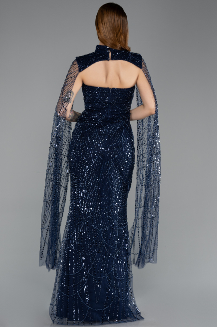 Abendkleid Lang Perlenbesetzt Marineblau ABU5652
