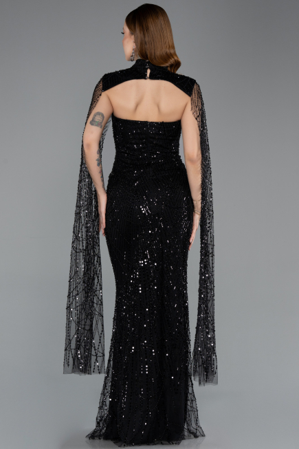 Abendkleid Lang Perlenbesetzt Schwarz ABU5652