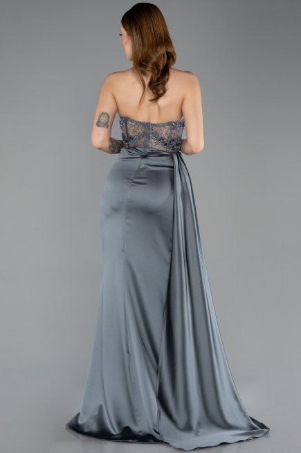 Anthrazit Abendkleid Satin Lang ABU5578