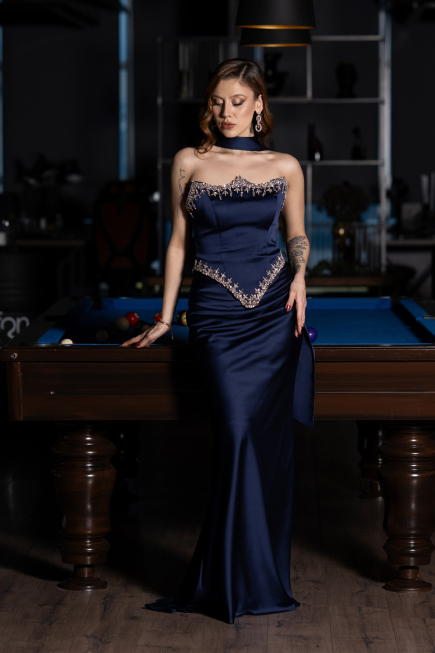 Abendkleid im Meerjungfrau-Stil Lang Satin Marineblau ABU5644