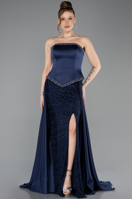 Abendkleid Lang Satin Marineblau ABU5684
