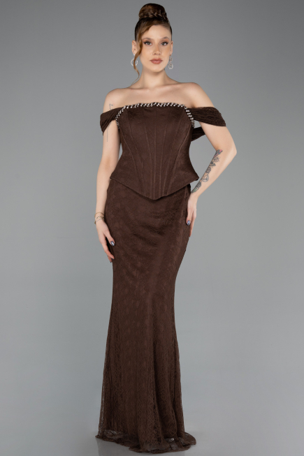 Abendkleid im Meerjungfrau-Stil Lang Spitze Braun ABU5685