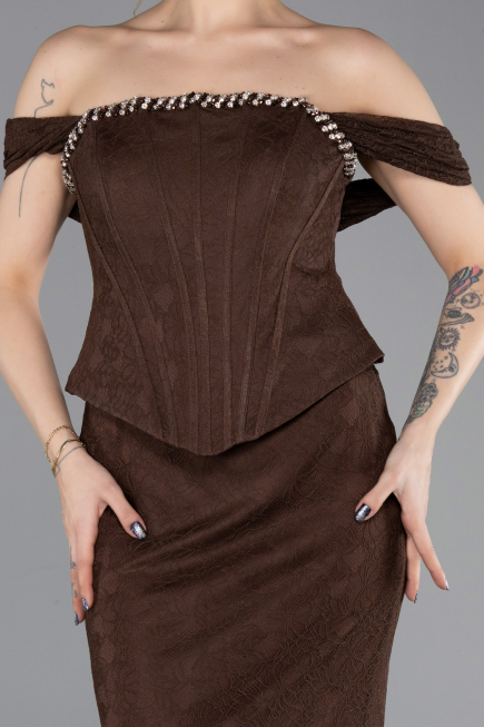 Abendkleid im Meerjungfrau-Stil Lang Spitze Braun ABU5685