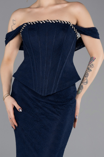 Abendkleid im Meerjungfrau-Stil Lang Spitze Marineblau ABU5685