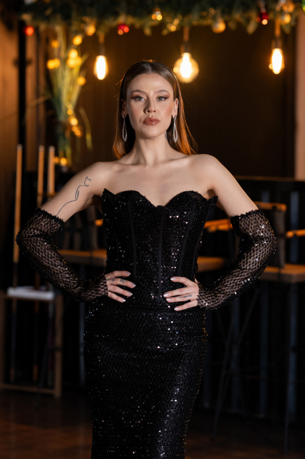 Abendkleid Lang Perlenbesetzt Schwarz ABU5659