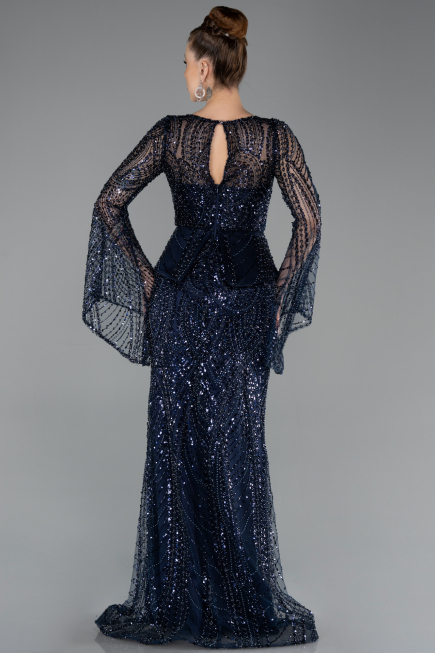 Abendkleid Lang Perlenbesetzt Marineblau ABU5690
