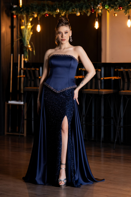 Abendkleid Lang Satin Marineblau ABU5684