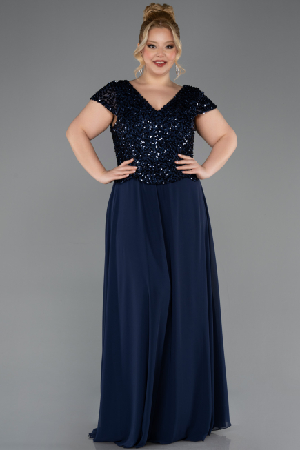 Abendgarderobe in Großen Größen Lang Chiffon Marineblau ABU5651