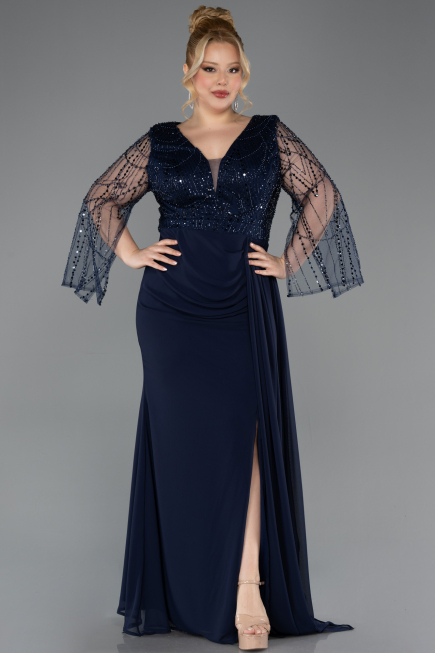 Abendgarderobe in Großen Größen Lang Chiffon Marineblau ABU5624