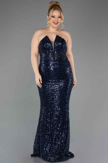 Abendkleid in Übergröße Lang Perlenbesetzt Marineblau ABU5698