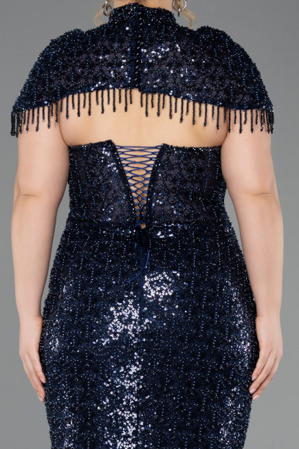 Abendkleid in Übergröße Lang Perlenbesetzt Marineblau ABU5698