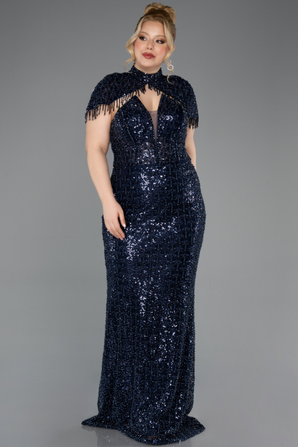 Abendkleid in Übergröße Lang Perlenbesetzt Marineblau ABU5698