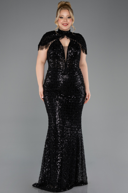 Abendkleid in Übergröße Lang Perlenbesetzt Schwarz ABU5698