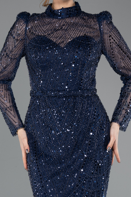 Abendkleid im Meerjungfrau-Stil Lang Marineblau ABU4526