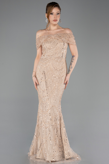Abendkleid Lang Perlenbesetzt Gold ABU5694