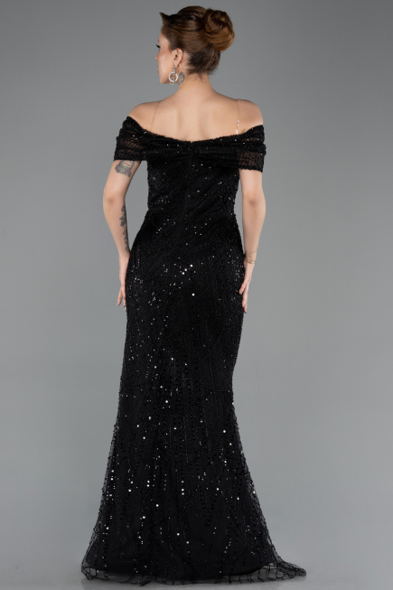 Abendkleid Lang Perlenbesetzt Schwarz ABU5694