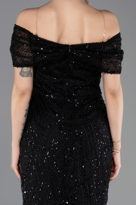Abendkleid Lang Perlenbesetzt Schwarz ABU5694
