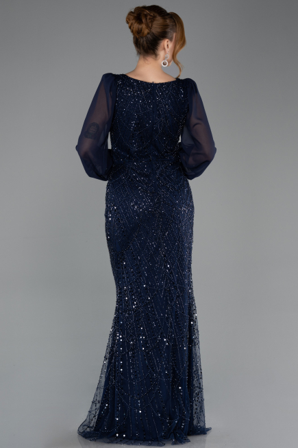 Abendkleid Lang Perlenbesetzt Marineblau ABU5695