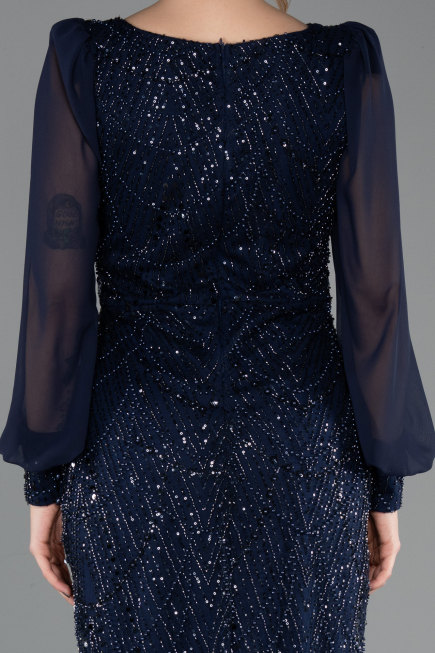 Abendkleid Lang Perlenbesetzt Marineblau ABU5695