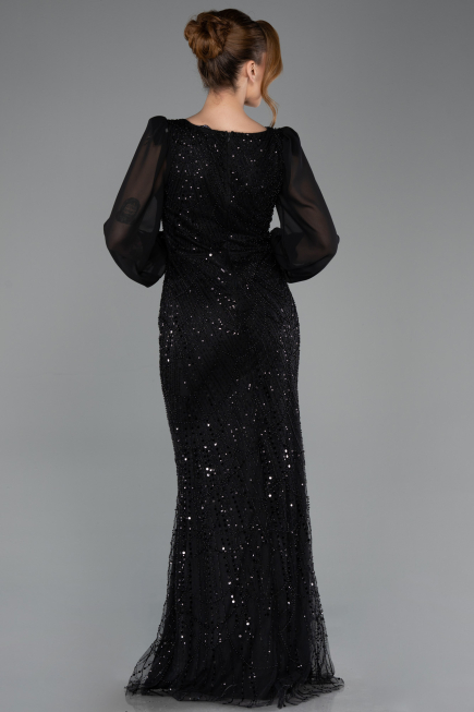 Abendkleid Lang Perlenbesetzt Schwarz ABU5695