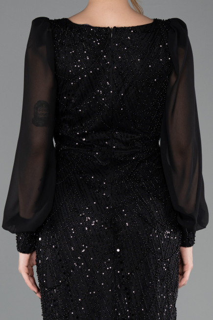 Abendkleid Lang Perlenbesetzt Schwarz ABU5695