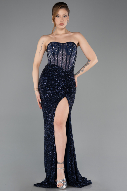 Abendkleid Lang Perlenbesetzt Marineblau ABU5696
