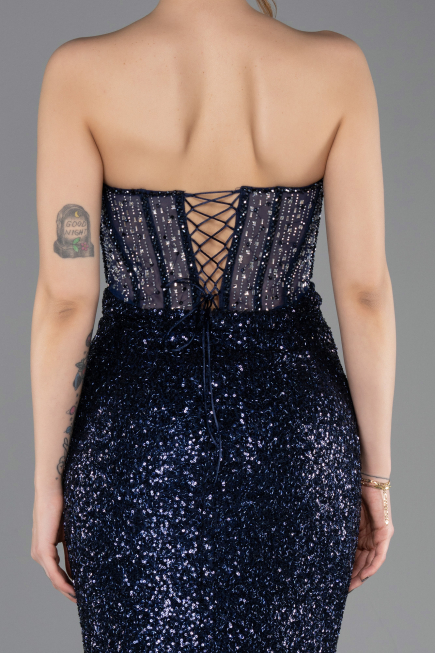 Abendkleid Lang Perlenbesetzt Marineblau ABU5696