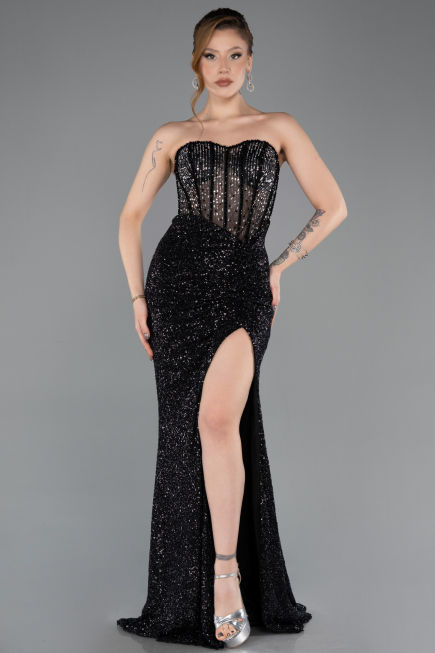 Abendkleid Lang Perlenbesetzt Schwarz ABU5696