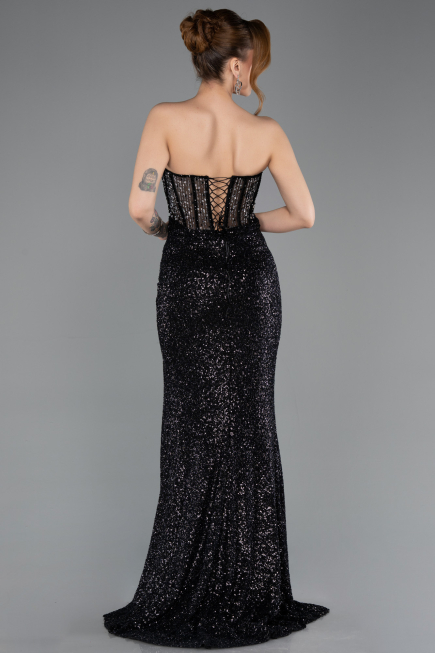 Abendkleid Lang Perlenbesetzt Schwarz ABU5696