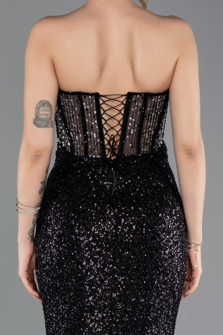 Abendkleid Lang Perlenbesetzt Schwarz ABU5696