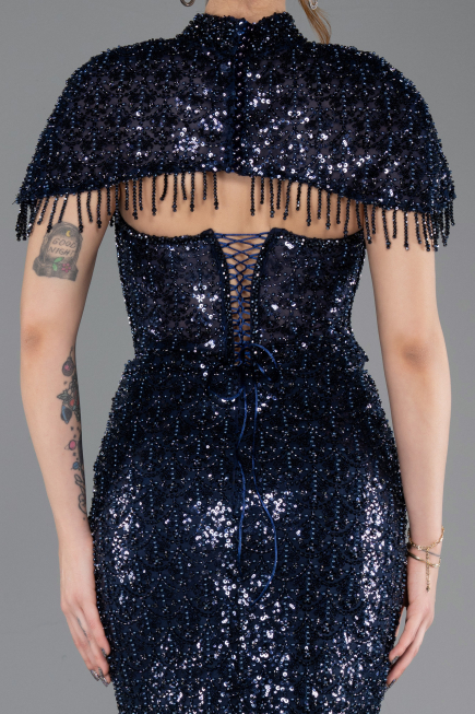 Abendkleid im Meerjungfrau-Stil Lang Perlenbesetzt Marineblau ABU5697