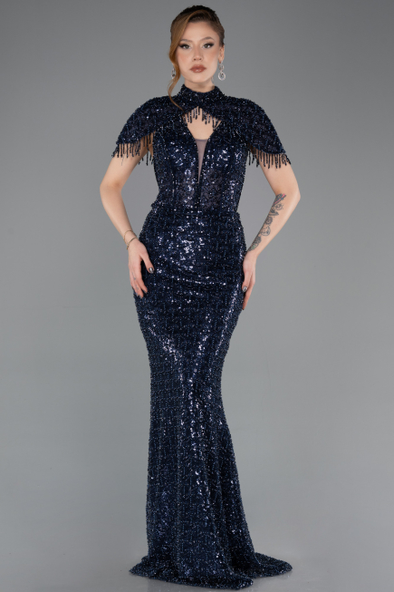Abendkleid im Meerjungfrau-Stil Lang Perlenbesetzt Marineblau ABU5697