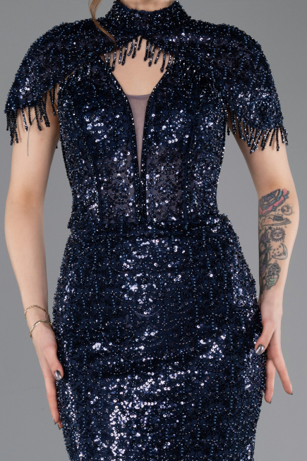 Abendkleid im Meerjungfrau-Stil Lang Perlenbesetzt Marineblau ABU5697