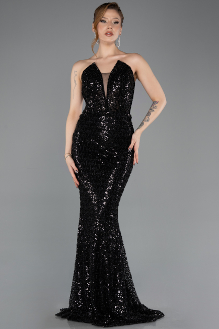Abendkleid im Meerjungfrau-Stil Lang Perlenbesetzt Schwarz ABU5697