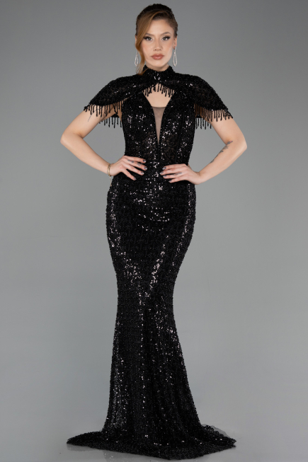 Abendkleid im Meerjungfrau-Stil Lang Perlenbesetzt Schwarz ABU5697