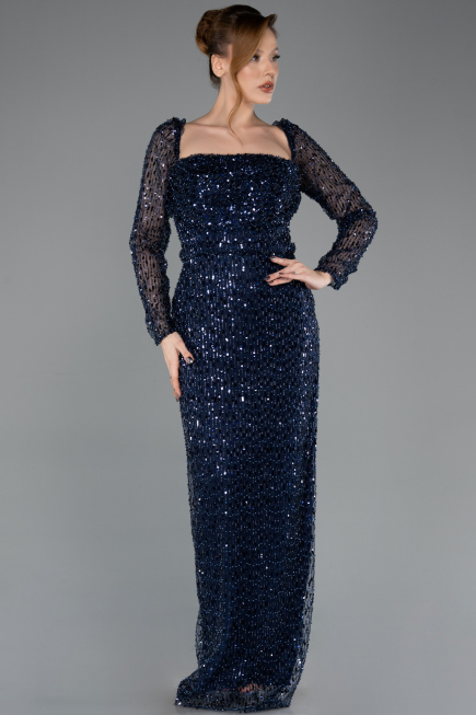 Abendkleid Lang Perlenbesetzt Marineblau ABU5699