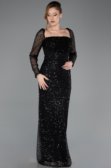 Abendkleid Lang Perlenbesetzt Schwarz ABU5699