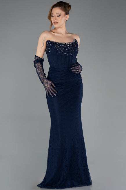 Abendkleid Lang Spitze Marineblau ABU5717