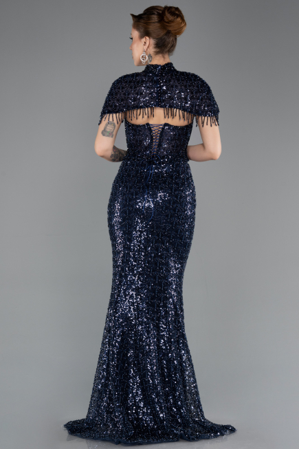 Abendkleid im Meerjungfrau-Stil Lang Perlenbesetzt Marineblau ABU5697