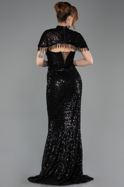 Abendkleid im Meerjungfrau-Stil Lang Perlenbesetzt Schwarz ABU5697