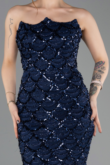 Abendkleid Lang Schuppig Marineblau ABU5701