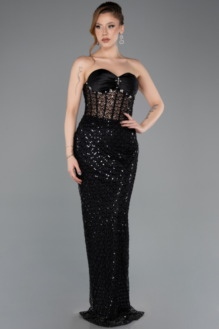 Abendkleid Lang Schuppig Schwarz ABU5702
