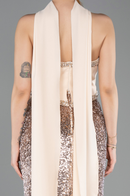 Abendkleid im Meerjungfrau-Stil Lang Schuppig Beige ABU5703