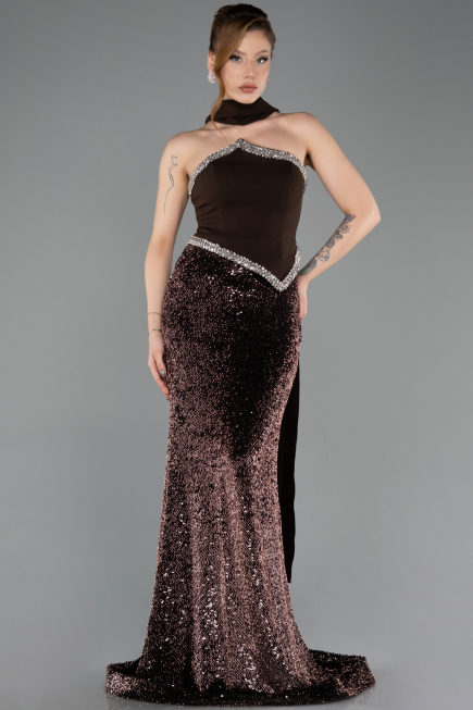 Abendkleid im Meerjungfrau-Stil Lang Schuppig Braun ABU5703
