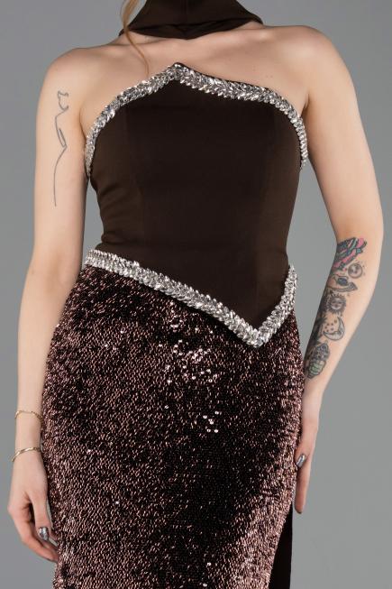 Abendkleid im Meerjungfrau-Stil Lang Schuppig Braun ABU5703