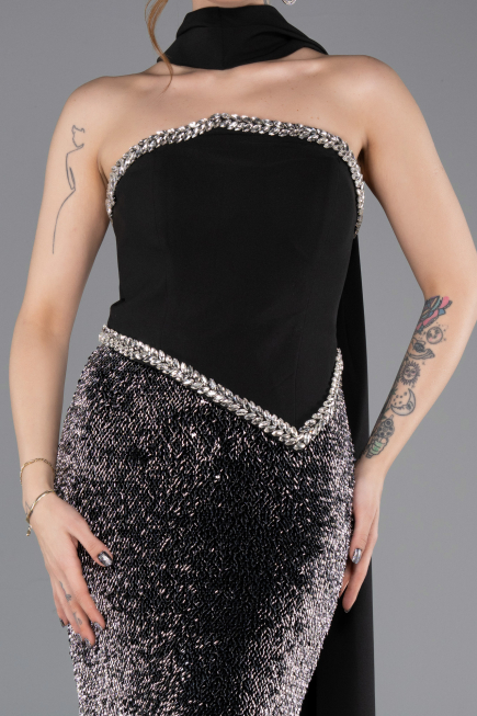Abendkleid im Meerjungfrau-Stil Lang Schuppig Schwarz ABU5703