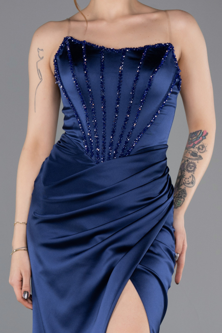 Abendkleid Lang Satin Marineblau ABU5708