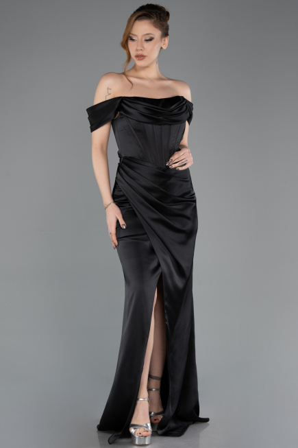 Abschlusskleid Lang Satin Schwarz ABU5709