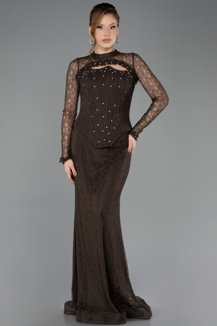 Abendkleid im Meerjungfrau-Stil Lang Spitze Braun ABU5725