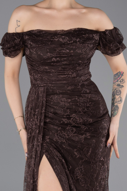 Standesamtkleid Lang Spitze Braun ABU5728